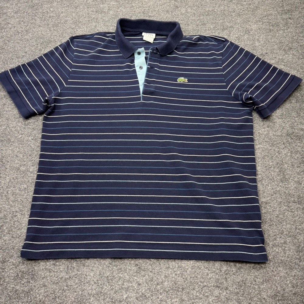 Lacoste Sport Mens Navy Blue Striped Cotton Pique Polo Shirt Size 7 5191L